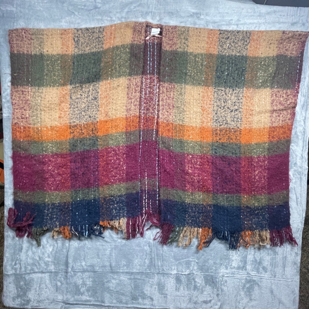 Sonoma Plaid Poncho Multi Color Soft Fringe Hem Festival Boho Layering